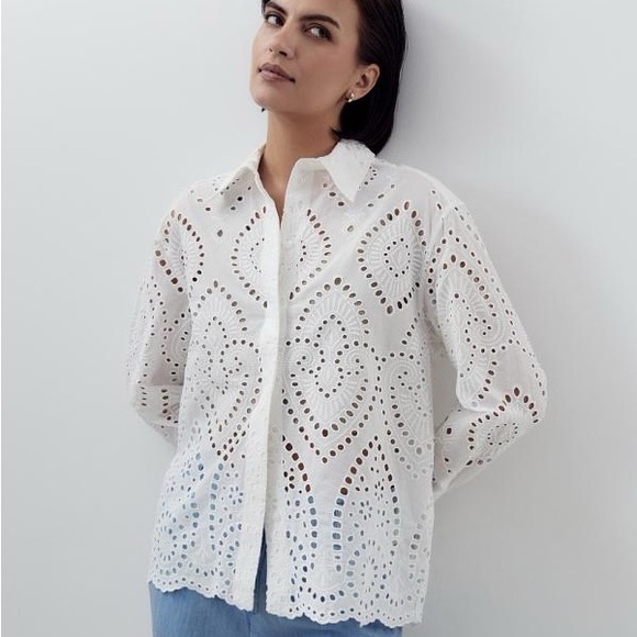 H&M Tops - H&M White Eyelet Button Down Long Sleeves Shirt Size Medium